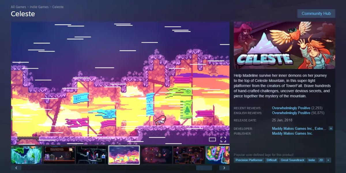 En skärmdump av butikssidan på Steam för spelet Celeste, som visar bilder från spelet och produktinformation.