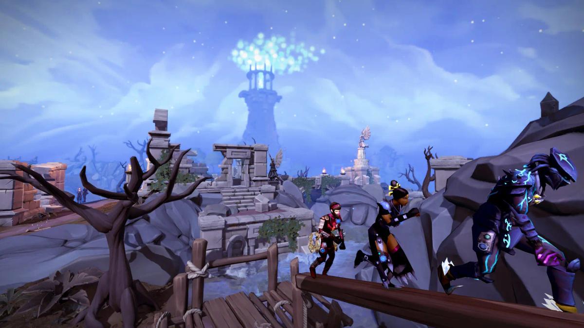 En skärmdump från RuneScape som visar karaktärer som korsar en träbro i ett fantasylandskap.