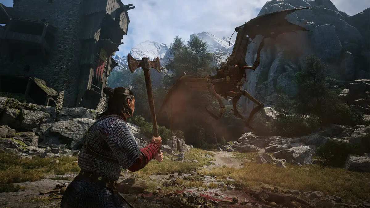 En krigare med en stor yxa står vänd mot en bevingad varelse i ett bergslandskap i The Blood of Dawnwalker