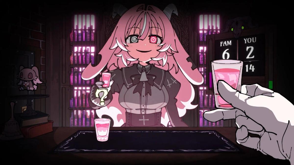 Skärmdump från Drunken Goddess Reflux som visar en animekaraktär med rosa hår under ett dryckesspel.
