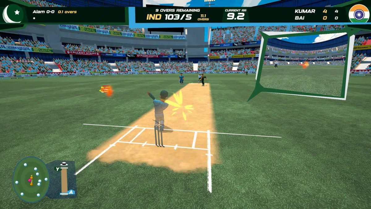 Skärmavbild från Don Bradman Cricket Jr som visar en stiliserad cricketmatch på en stadion.