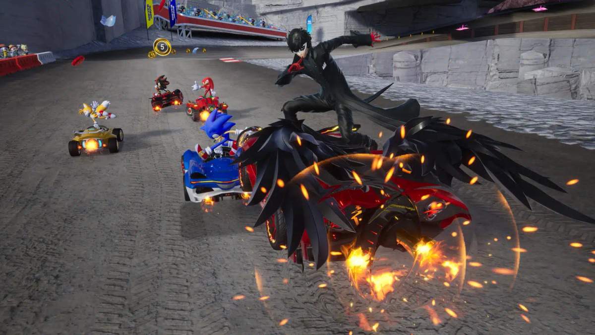 Gameplay från Sonic Racing: CrossWorlds som visar Sonic och andra crossover-karaktärer tävla i bilar.